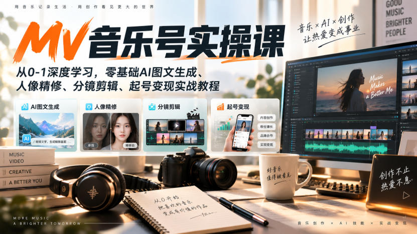 AI MV音乐号实操课,从0-1深度学习,零基础AI图文生成、人像精修、分镜剪辑、起号变现实战教程-橙心云网创