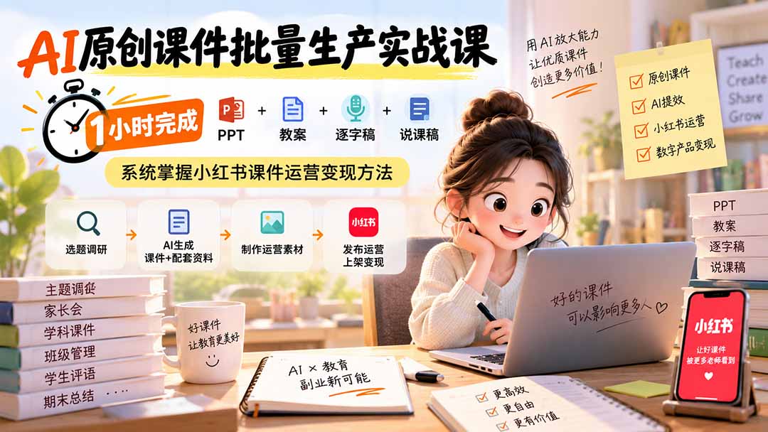 AI原创课件批量生产实战课：1小时完成PPT+教案+逐字稿+说课稿，系统掌握小红书课件运营变现方法-橙心云网创