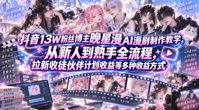 抖音13W粉丝博主晚星漫AI漫剧制作教学,从新人到熟手全流程,拉新收徒伙伴计划收益等多种收益方式,单日1K+-橙心云网创