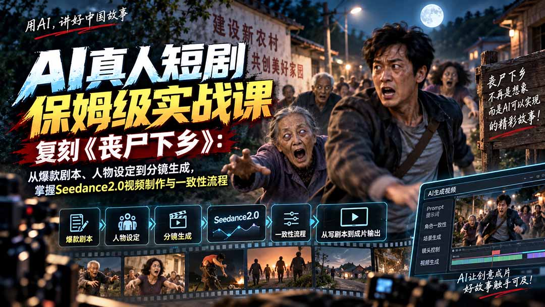 AI真人短剧保姆级实战课,复刻《丧尸下乡》:从爆款剧本、人物设定到分镜生成,掌握Seedance2.0视频制作与一致性流程-橙心云网创