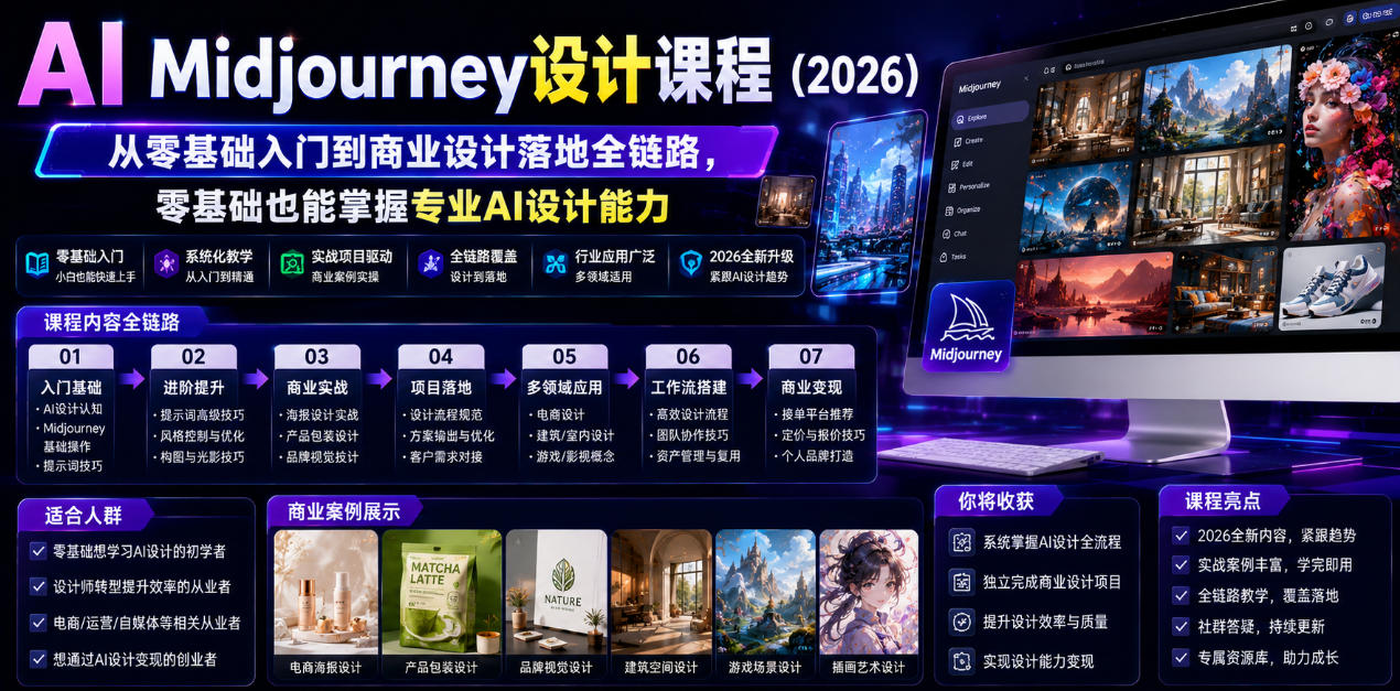 AI Midjourney设计课程(2026),从零基础入门到商业设计落地全链路,零基础也能掌握专业AI设计能力(更新0913)-橙心云网创