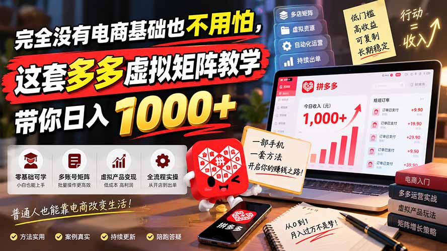完全没有电商基础也不用怕,这套多多虚拟矩阵教学带你日入 1000+-橙心云网创