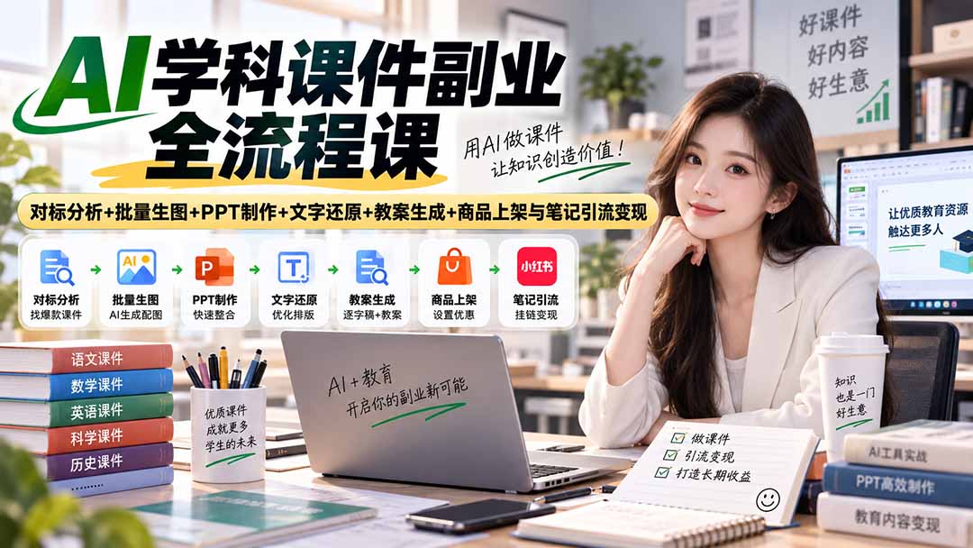 AI学科课件副业全流程课|对标分析+批量生图+PPT制作+文字还原+教案生成+商品上架与笔记引流变现-橙心云网创