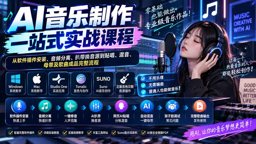 AI音乐制作一站式实战课程:从软件插件安装、音频分离、扒带换音源到贴唱、混音、母带及歌曲成品完整流程-橙心云网创