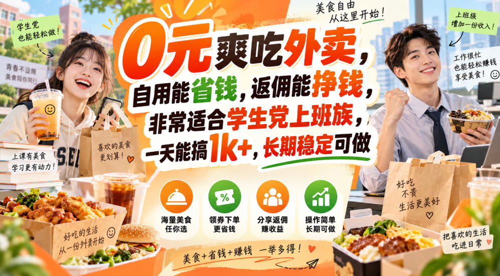 0元爽吃外卖,自用能省钱,返佣能挣钱,非常适合学生党上班族,一天能搞1k+,长期稳定可做-橙心云网创