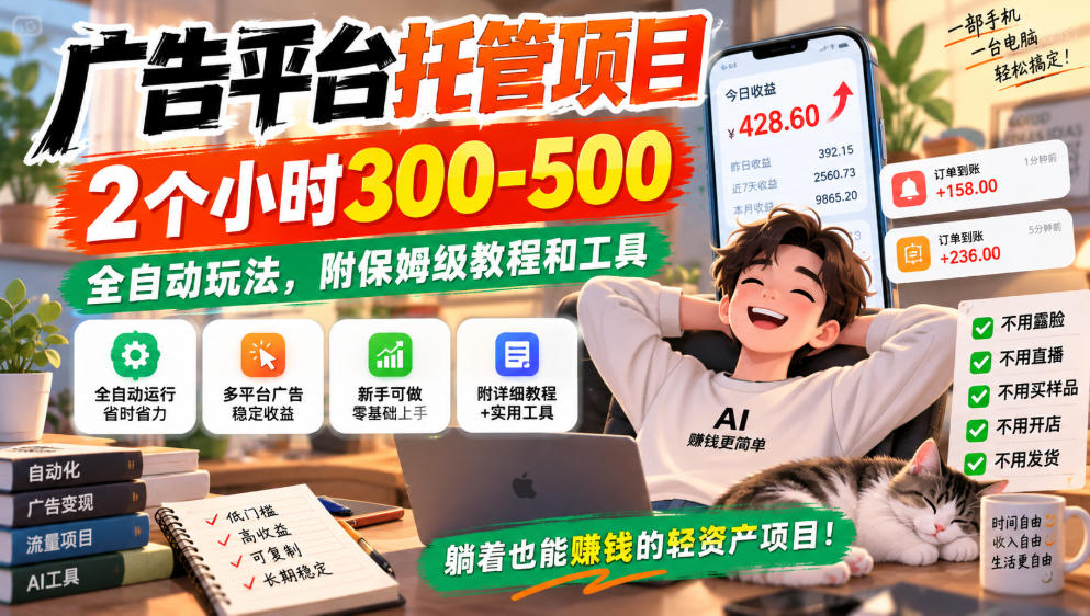 广告平台托管项目,2个小时300-500,全自动玩法,附保姆级教程和工具,小白照着就能做【揭秘】-橙心云网创
