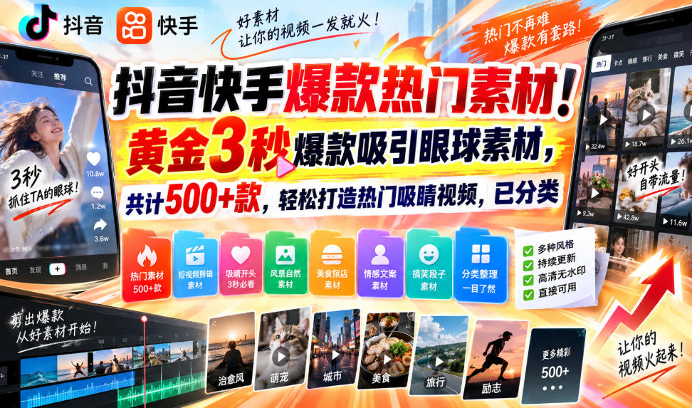 抖音快手爆款热门素材!黄金3秒爆款吸引眼球素材,共计500+款,轻松打造热门吸睛视频,已分类-橙心云网创