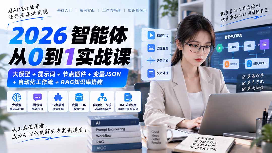 2026智能体从0到1实战课|大模型+提示词+节点插件+变量JSON+自动化工作流+RAG知识库搭建-橙心云网创