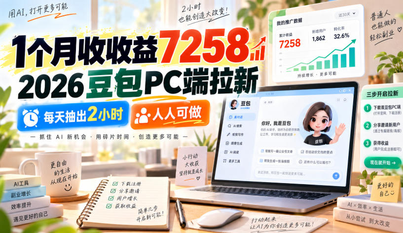 1个月收收益7258,2026豆包PC端拉新,每天抽出2小时,人人可做-橙心云网创