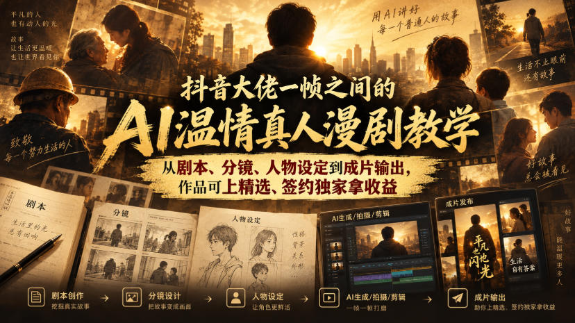 抖音大佬一帧之间的AI温情真人漫剧教学,从剧本、分镜、人物设定到成片输出,作品可上精选、签约独家拿收益-橙心云网创