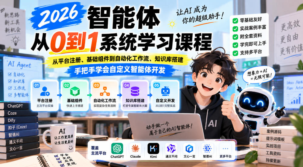 2026智能体从0到1系统学习课程,从平台注册、基础组件到自动化工作流、知识库搭建,手把手学会自定义智能体开发-橙心云网创