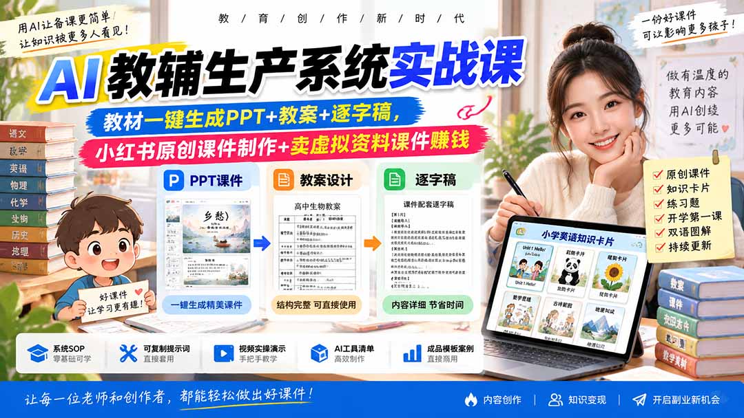 AI教辅生产系统实战课|教材一键生成PPT+教案+逐字稿,小红书原创课件制作+卖虚拟资料课件赚钱-橙心云网创