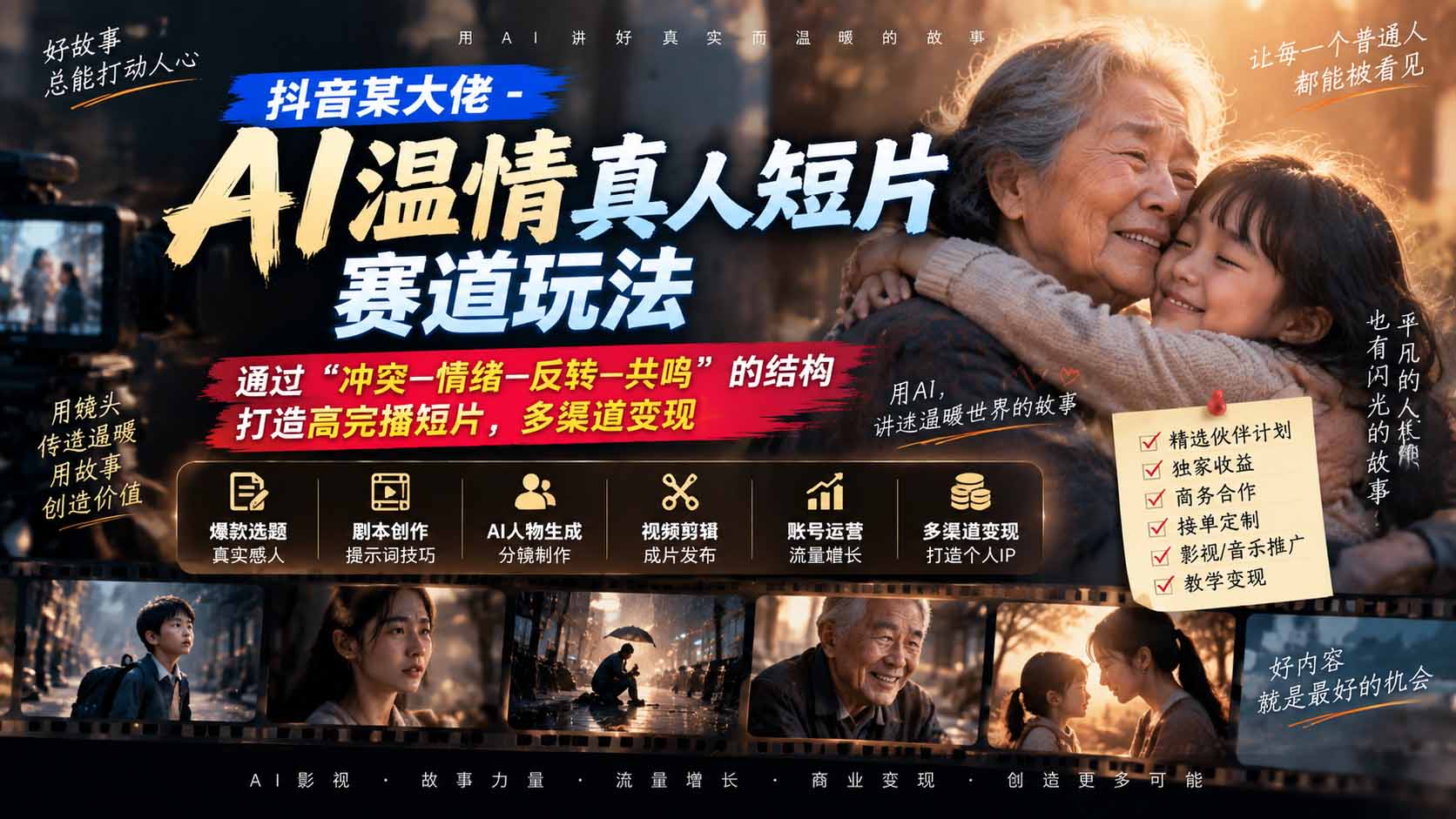 抖音某大佬-AI温情真人短片赛道玩法:通过“冲突—情绪—反转—共鸣”的结构打造高完播短片,多渠道变现-橙心云网创