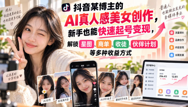 抖音某博主的AI真人感美女创作,新手也能快速起号变现,解锁星图,商单,收徒,伙伴计划等多种收益方式-橙心云网创