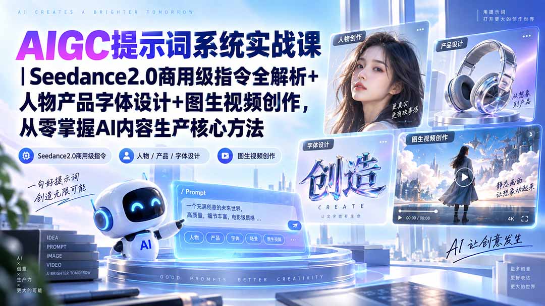 AIGC提示词系统实战课-无水印|Seedance2.0商用级指令全解析+人物产品字体设计+图生视频创作,掌握AI内容生产方法-橙心云网创