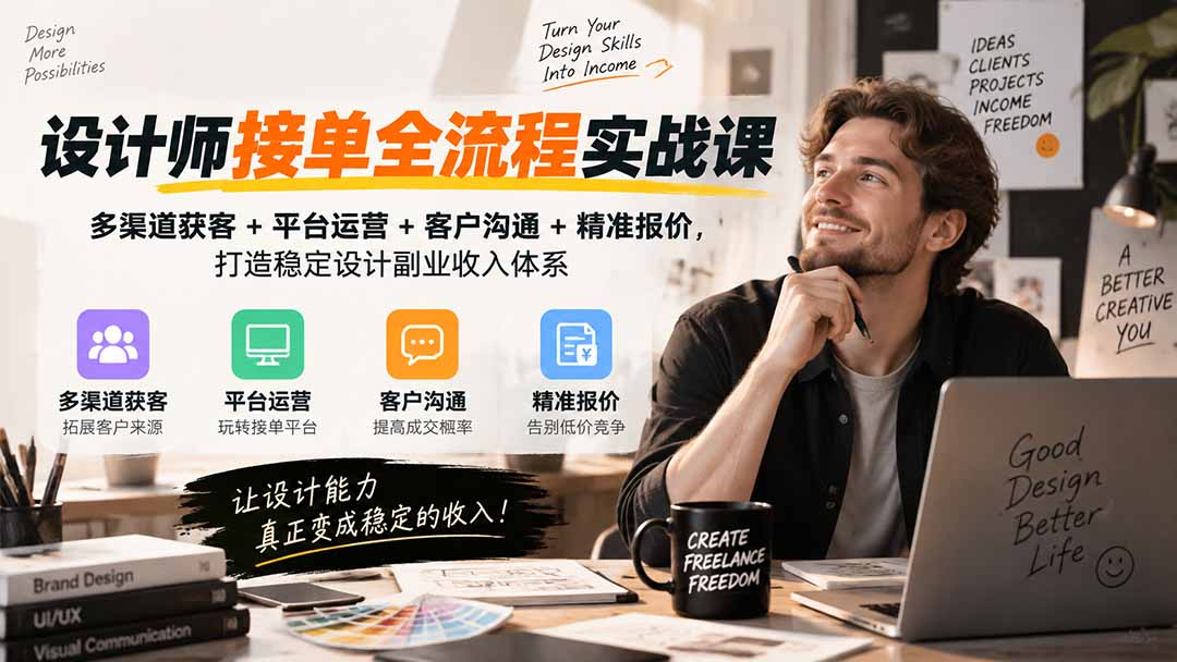 设计师接单全流程实战课-无水印|多渠道获客+平台运营+客户沟通+精准报价,打造稳定设计副业收入体系-橙心云网创