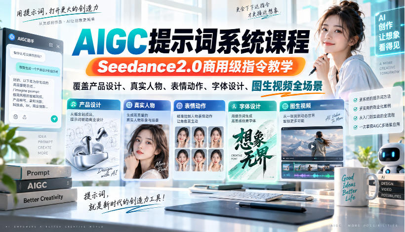 AIGC提示词系统课程,Seedance2.0商用级指令教学,覆盖产品设计、真实人物、表情动作、字体设计、图生视频全场景-橙心云网创