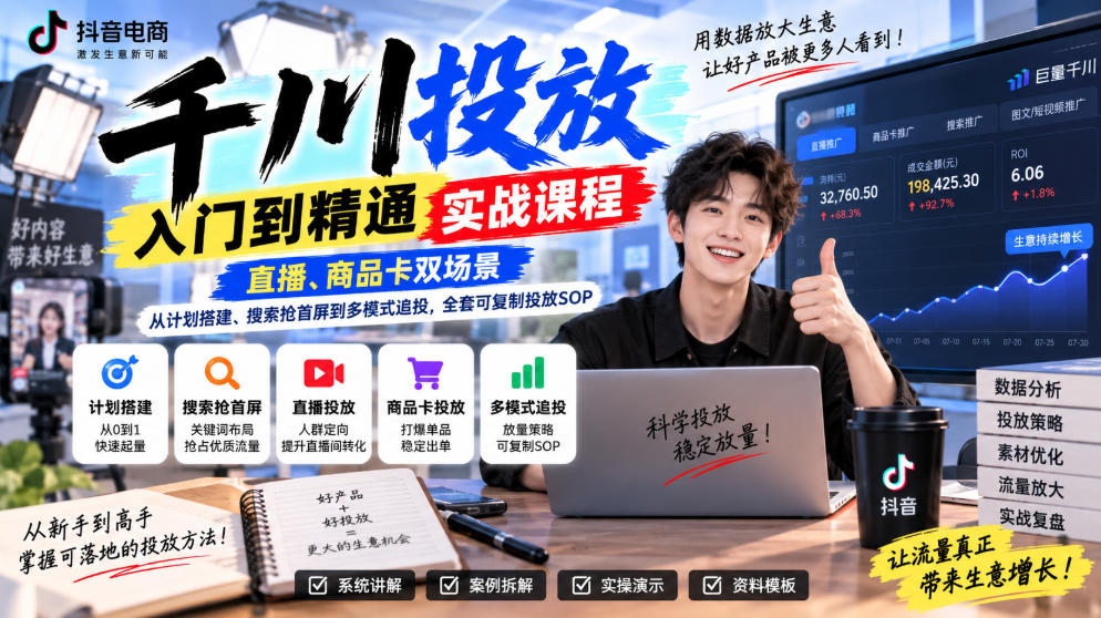 千川投放入门到精通实战课程,直播、商品卡双场景,从计划搭建、搜索抢首屏到多模式追投,全套可复制投放SOP-橙心云网创