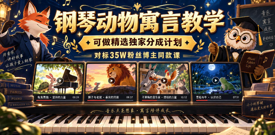 钢琴动物寓言教学,可做精选独家分成计划,对标35W粉丝博主同款课-橙心云网创