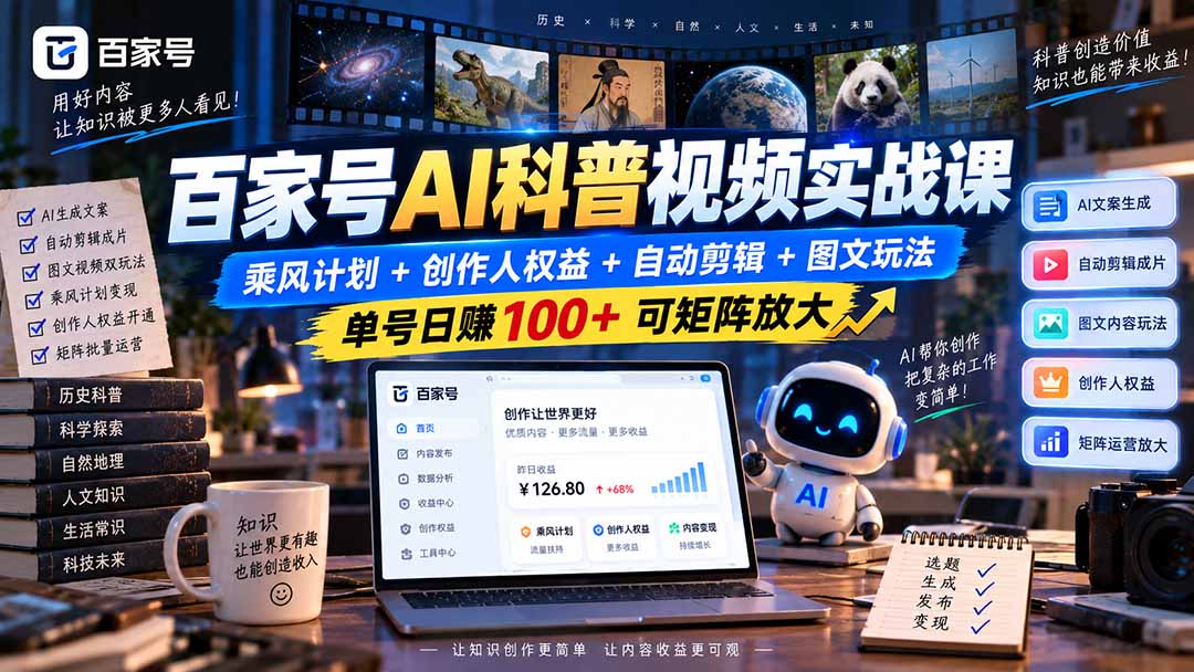 百家号AI科普视频实战课:乘风计划+创作人权益+自动剪辑+图文玩法,单号日赚100+可矩阵放大-橙心云网创