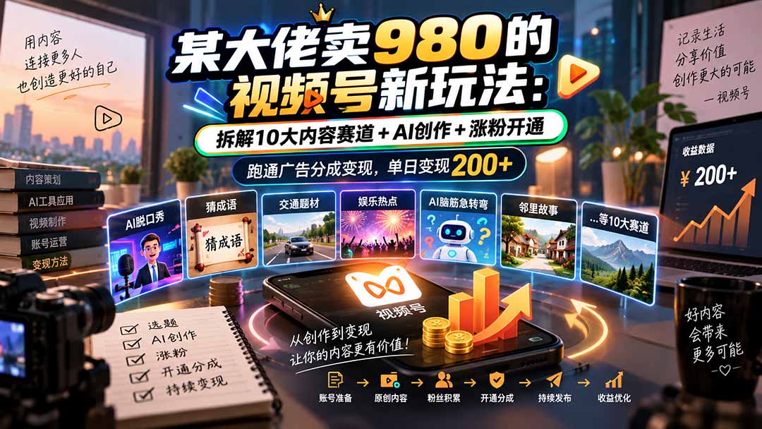 某大佬卖980的视频号新玩法:拆解10大内容赛道+AI创作+涨粉开通,跑通广告分成变现,单日变现200+-橙心云网创