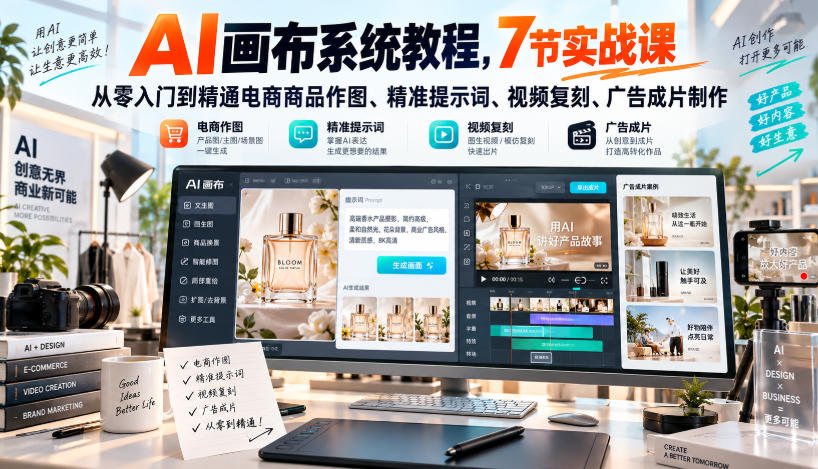 AI画布系统教程,7节实战课从零入门到精通电商商品作图、精准提示词、视频复刻、广告成片制作-橙心云网创