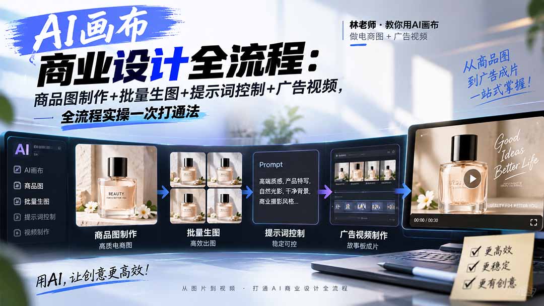 AI画布商业设计全流程:商品图制作+批量生图+提示词控制+广告视频,全流程实操一次打通法-橙心云网创