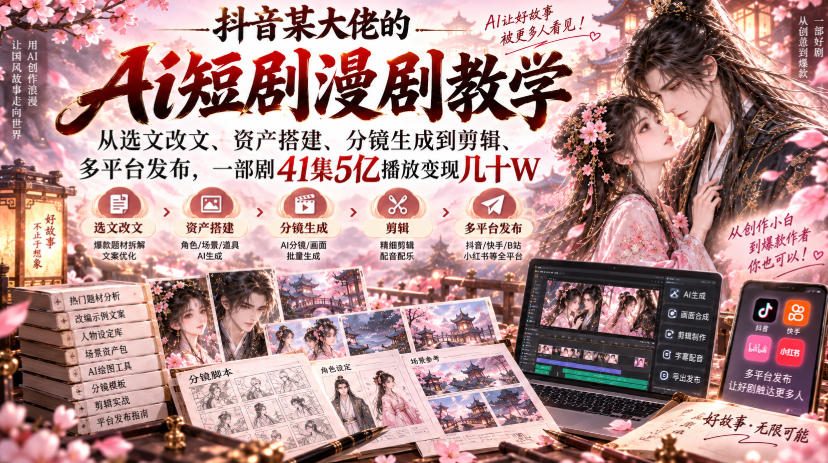 抖音某大佬的Ai短剧漫剧教学,从选文改文、资产搭建、分镜生成到剪辑、多平台发布,一部剧41集5亿播放变现几十W-橙心云网创