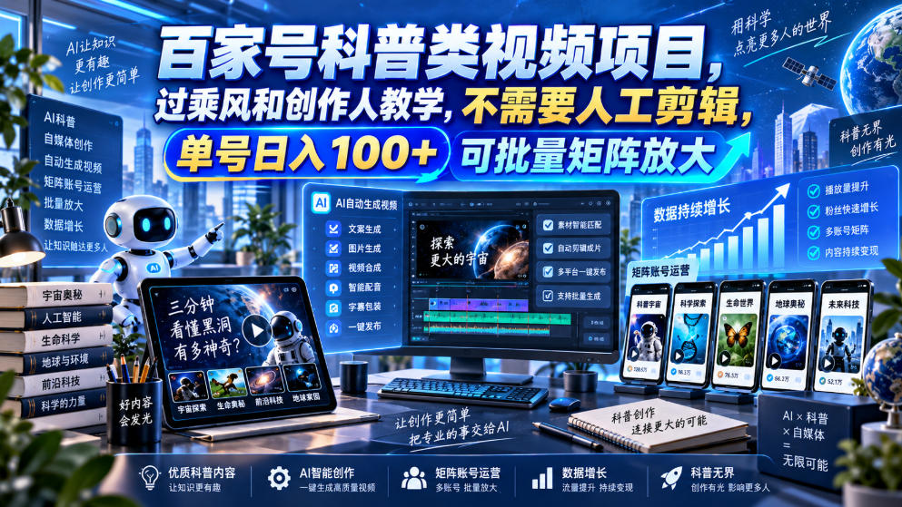 百家号科普类视频项目,过乘风和创作人教学,不需要人工剪辑,单号日入100+可批量矩阵放大-橙心云网创