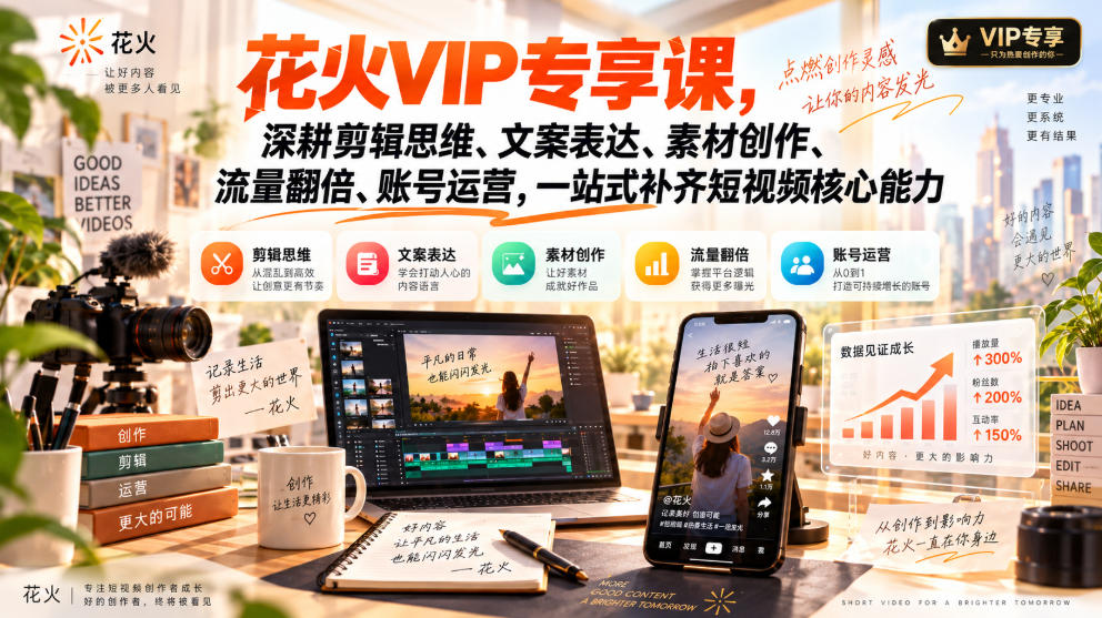 花火VIP专享课,深耕剪辑思维、文案表达、素材创作、流量翻倍、账号运营,一站式补齐短视频核心能力-橙心云网创