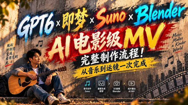 GPT6×即梦×Suno×Blender|AI电影级MV完整制作流程!从音乐到运镜一次完成!-橙心云网创