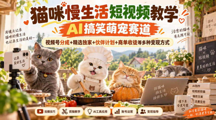 猫咪慢生活短视频教学,AI搞笑萌宠赛道,视频号分成+精选独家+伙伴计划+商单收徒等多种变现方式-橙心云网创