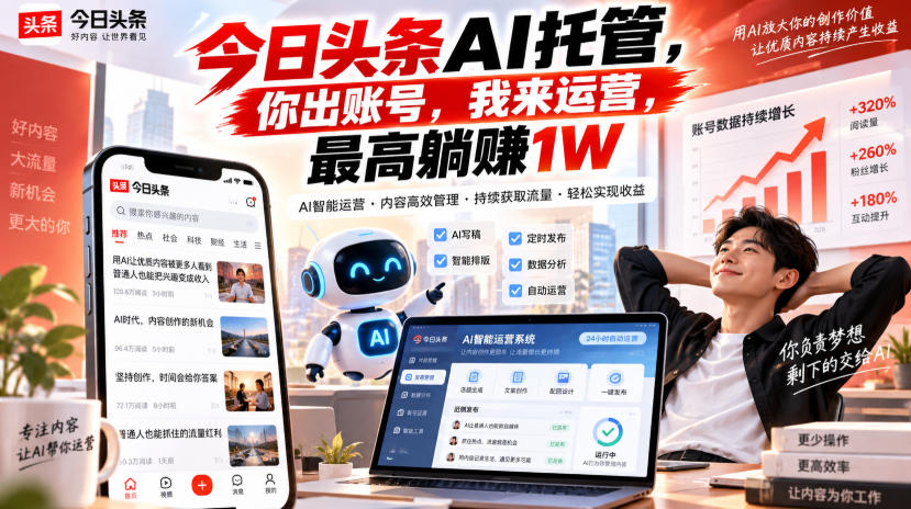 今日头条AI托管,你出账号,我来运营,最高躺賺1W【揭秘】-橙心云网创