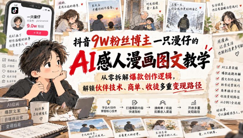 抖音9W粉丝博主一只漫仔的AI感人漫画图文教学,从零拆解爆款创作逻辑,解锁伙伴技术、商单、收徒多重变现路径-橙心云网创