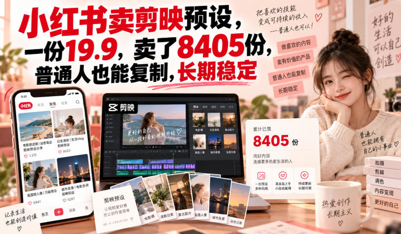 小红书卖剪映预设,一份19.9,卖了8405份,普通人也能复制,长期稳定-橙心云网创