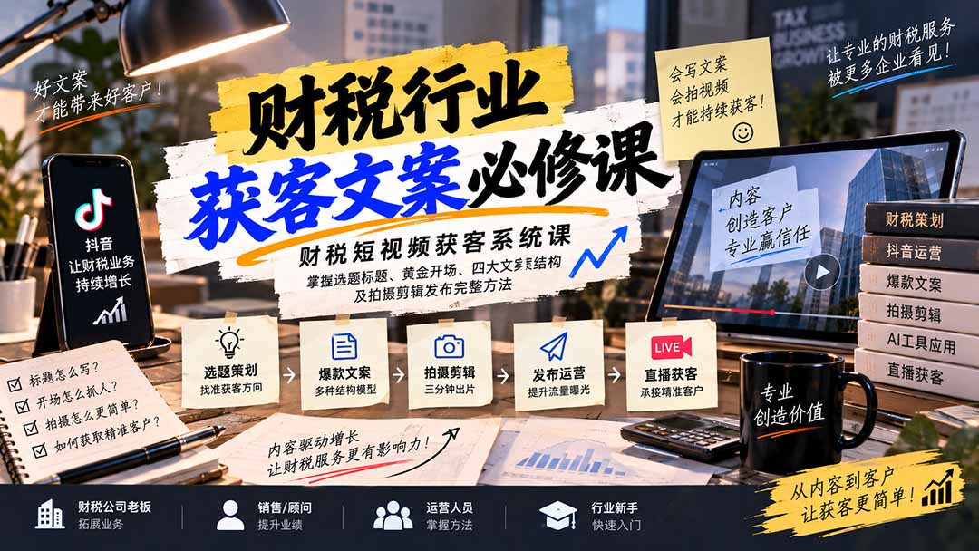 财税短视频获客系统课:掌握选题标题、黄金开场、四大文案结构及拍摄剪辑发布完整方法-橙心云网创