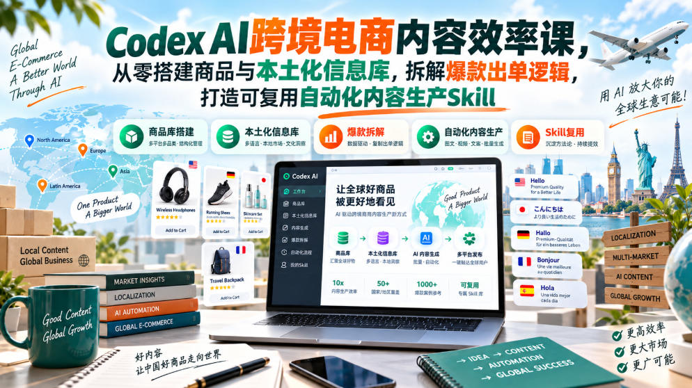 Codex AI跨境电商内容效率课,从零搭建商品与本土化信息库,拆解爆款出单逻辑,打造可复用自动化内容生产Skill-橙心云网创