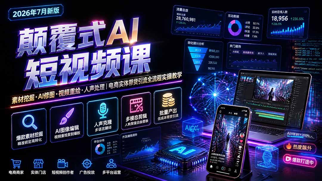 颠覆式AI短视频课-更新|素材挖掘,AI修图,视频重绘,人声处理|电商实体带货引流全流程实操教学-橙心云网创