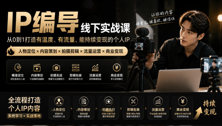 【无水印】IP编导线下实战课，从人物定位到短视频拍摄剪辑，全流程打造有温度、有流量、能持续变现的个人IP内容-橙心云网创