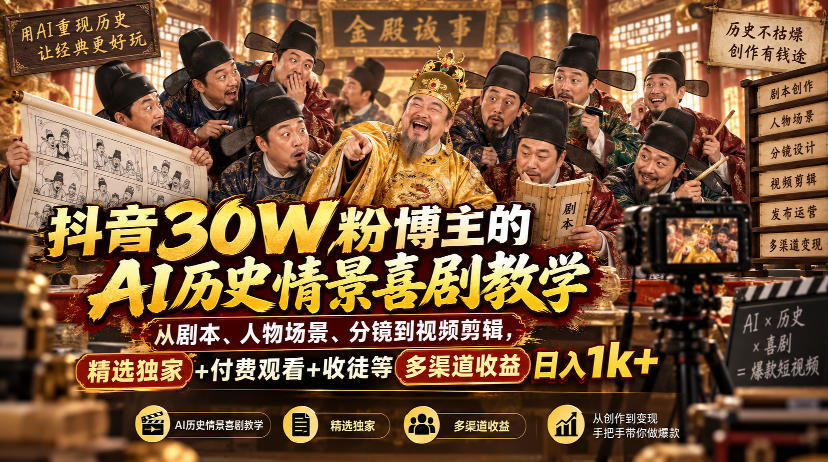 抖音30W粉博主的AI历史情景喜剧教学，从剧本、人物场景、分镜到视频剪辑，精选独家+付费观看+收徒等多渠道收益日入1k+-橙心云网创