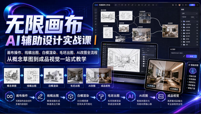 无限画布AI辅助设计实战课|画布操作、线稿出图、白模渲染、毛坯出图、AI改图全流程,从概念草图到成品视觉一站式教学(更新0923)-橙心云网创