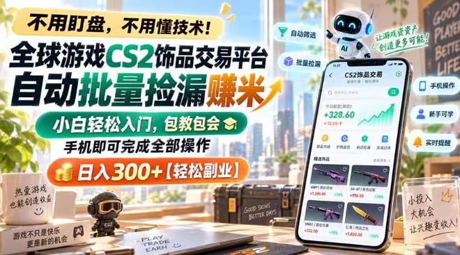 全球游戏CS2饰品交易平台自动批量捡漏賺米，小白轻松入门，包教包会，手机即可完成全部操作，日入300+【揭秘】-橙心云网创