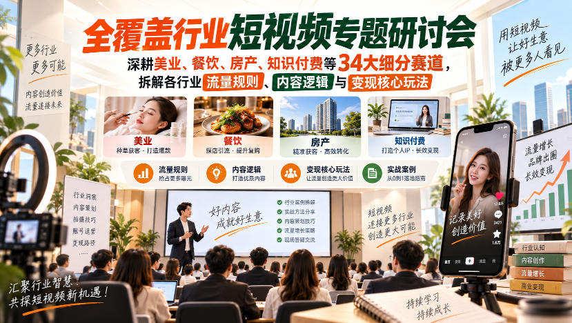 短视频专题研讨会，深耕美业、餐饮、房产、知识付费等34大细分赛道，拆解各行业流量规则、内容逻辑与变现核心玩法-橙心云网创