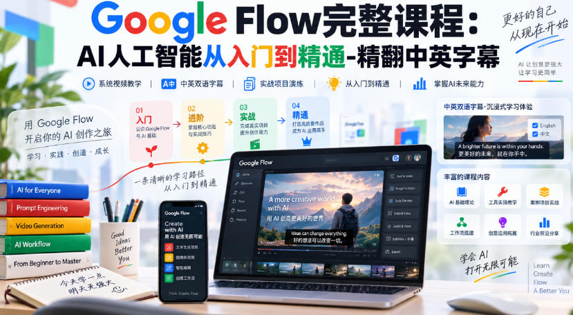 【无水印】Google Flow完整课程:AI人工智能从入门到精通-精翻中英字幕-橙心云网创