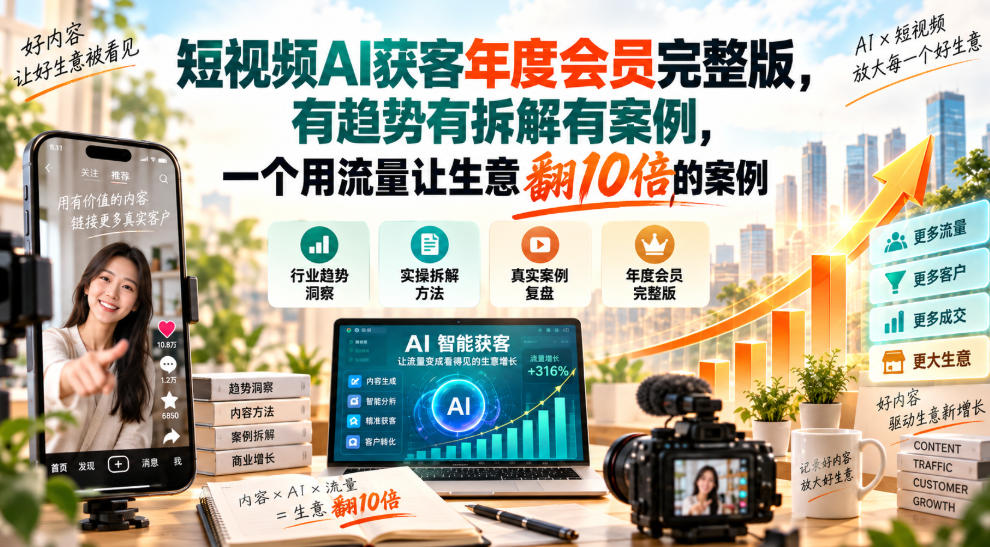 短视频AI获客年度会员完整版,有趋势有拆解有案例,一个用流量让生意翻10倍的案例-橙心云网创