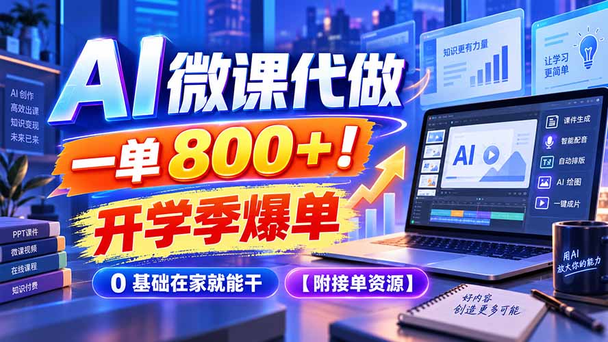 AI 微课代做，一单 800+！开学季爆单，0 基础在家就能干【附接单资源】-橙心云网创