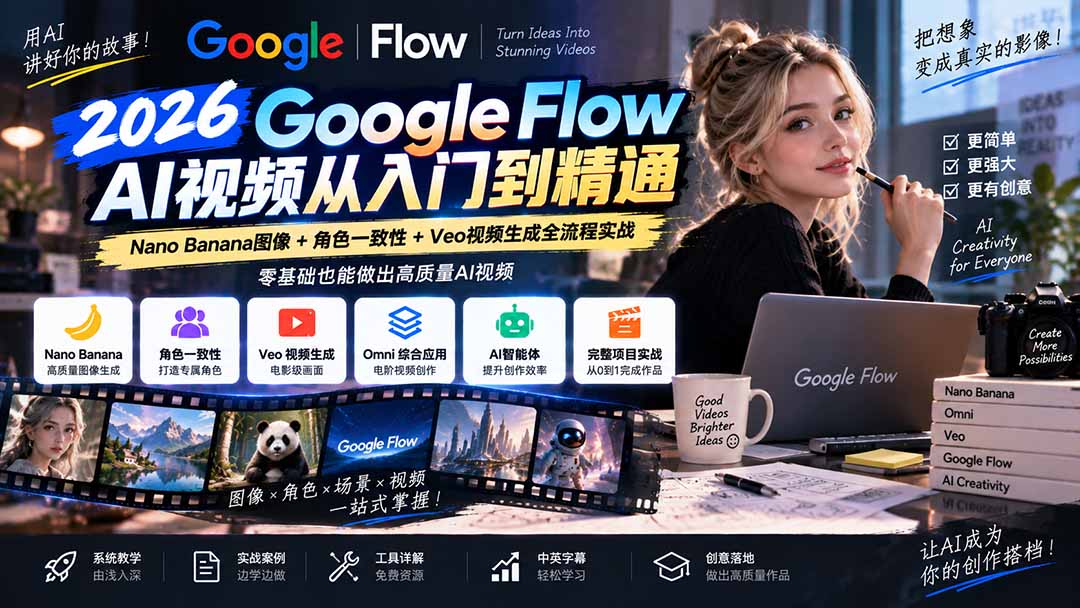 【无水印】Google Flow AI视频从入门到精通：Nano Banana图像+角色一致性+Veo视频生成全流程实战-精翻中英字幕-橙心云网创
