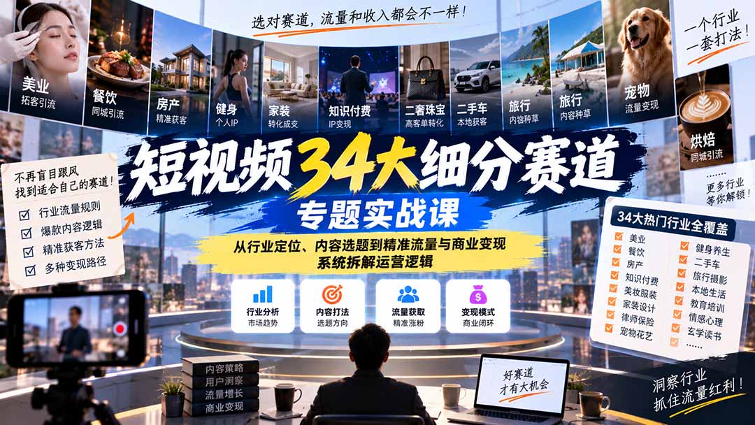 短视频34大细分赛道专题实战课:从行业定位、内容选题到精准流量与商业变现,系统拆解运营逻辑-橙心云网创