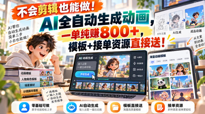不会剪辑也能做！AI全自动生成动画，一单纯賺800+，模板+接单资源直接送！【揭秘】-橙心云网创