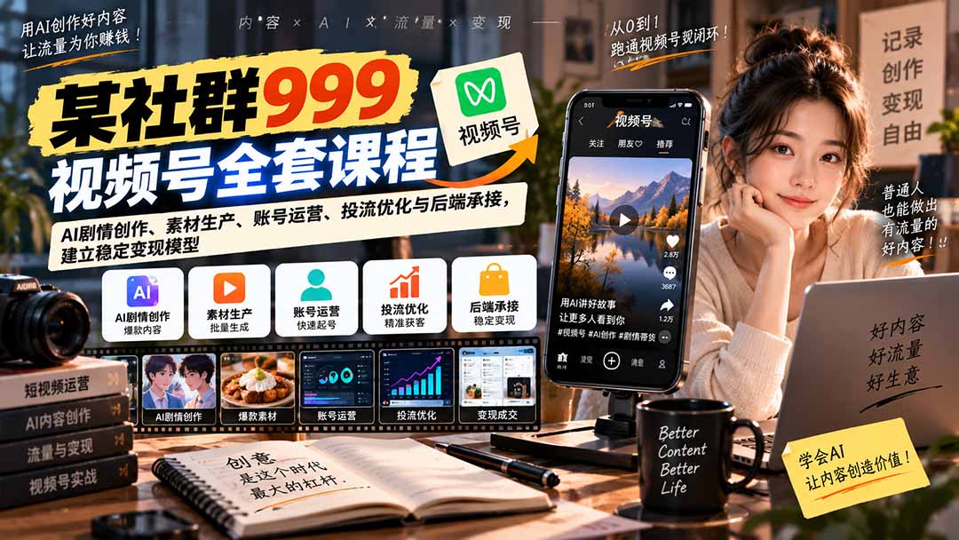 【无水印】某社群999视频号全套课程：AI剧情创作、素材生产、账号运营、投流优化与后端承接，建立稳定变现模型-橙心云网创
